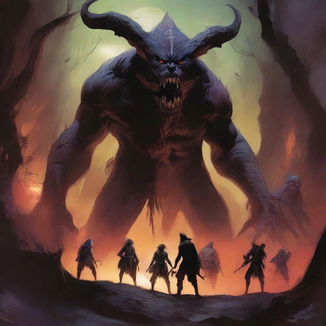 A gripping scene titled 'Chapter 16: Into the Demon's Realm,' depicting a group of adventurers stepping through a portal into a nightmarish landscape