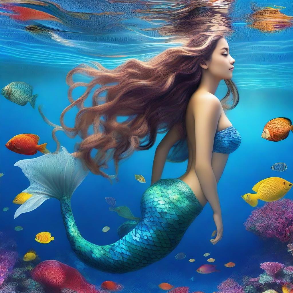 A beautiful and realistic mermaid swimming gracefully in the clear blue ocean