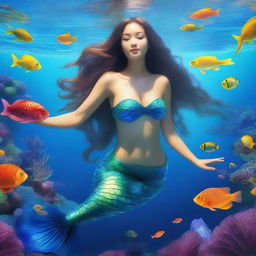 A beautiful and realistic mermaid swimming gracefully in the clear blue ocean