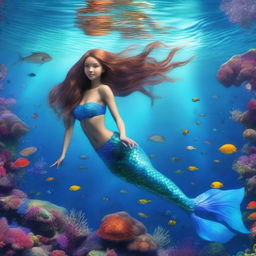 A beautiful and realistic mermaid swimming gracefully in the clear blue ocean