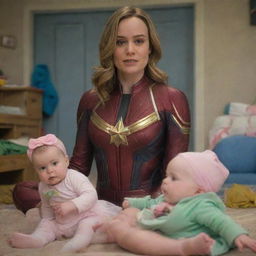 Brie Larson as Captain Marvel in a playful scene, clothed in a baby outfit complete with diapers and delicate pink apparel. She is in the company of whimsical female aliens acting as nurturing babysitters.