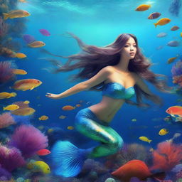 A beautiful and realistic mermaid swimming gracefully in the clear blue ocean