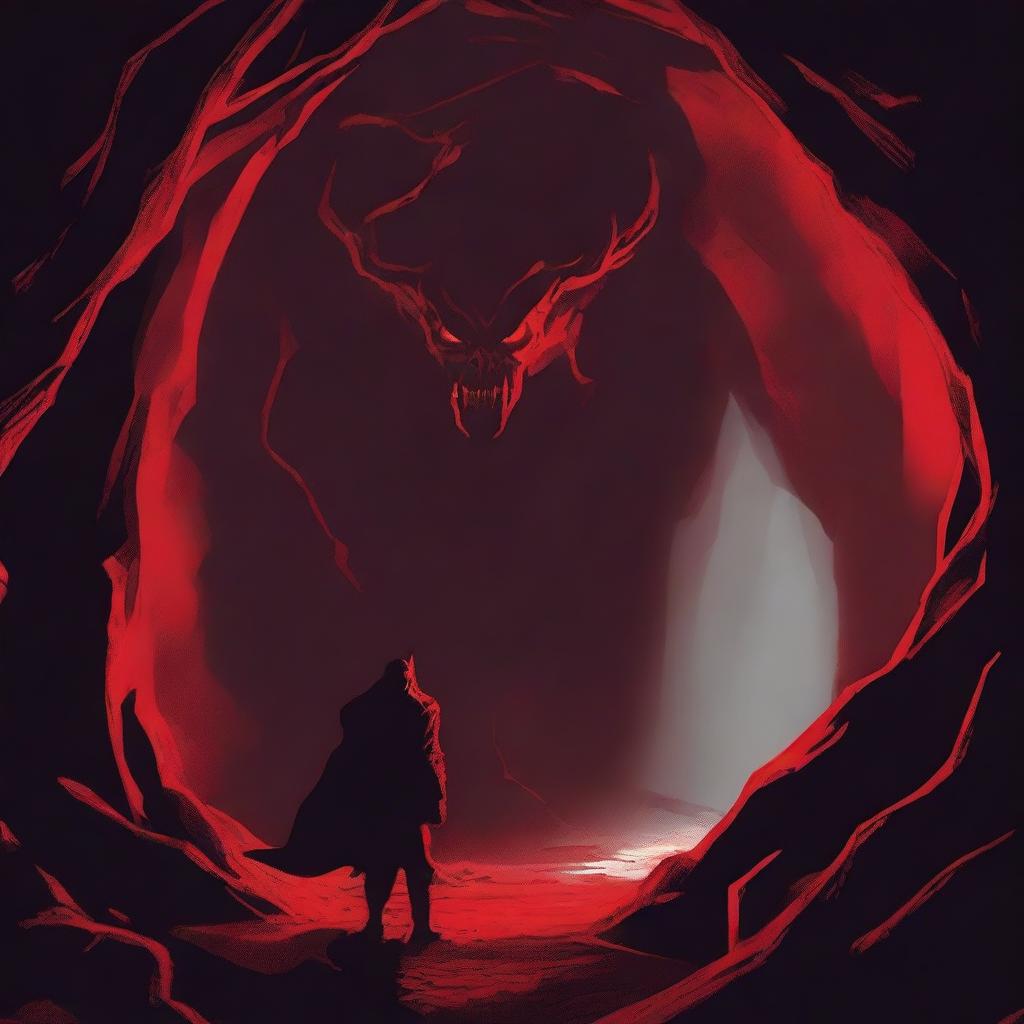 An intense scene titled 'Chapter 17: The Demon's Lair,' showing a hero entering a dark, sinister cave filled with eerie red light