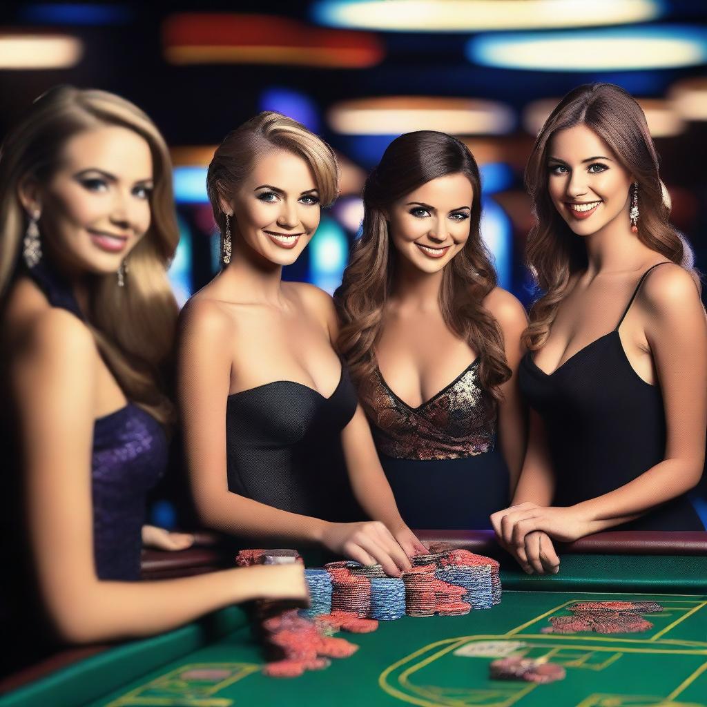 A group of glamorous casino girls dressed in elegant attire, standing in a luxurious casino setting