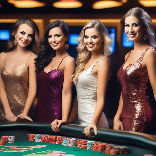 A group of glamorous casino girls dressed in elegant attire, standing in a luxurious casino setting