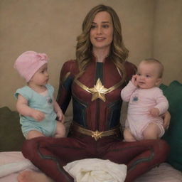 Brie Larson as Captain Marvel in a playful scene, clothed in a baby outfit complete with diapers and delicate pink apparel. She is in the company of whimsical female aliens acting as nurturing babysitters.