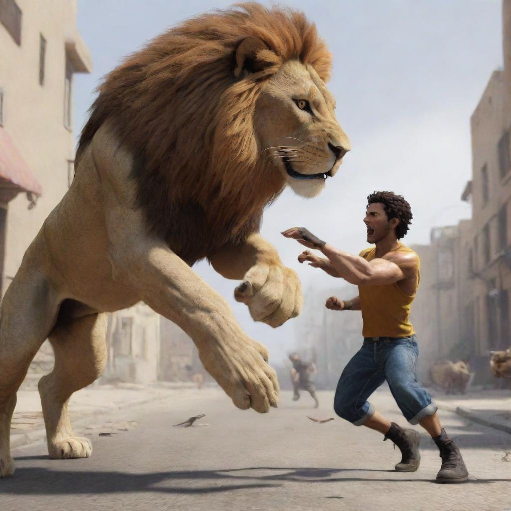 A video game inspired scene of a human-lion hybrid character courageously battling with a human-cat hybrid