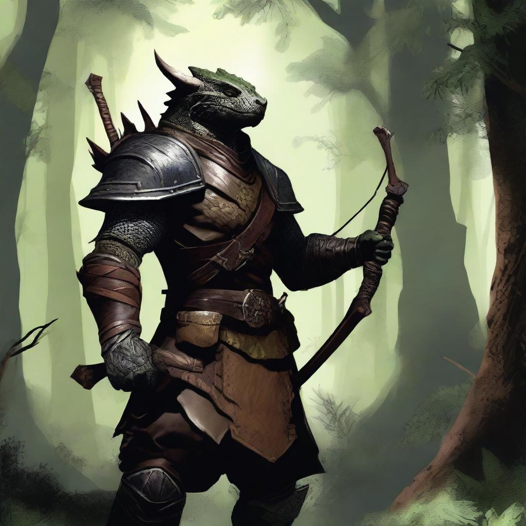 A Dragonborn ranger standing in a lush forest, wearing leather armor and holding a bow