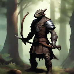 A Dragonborn ranger standing in a lush forest, wearing leather armor and holding a bow