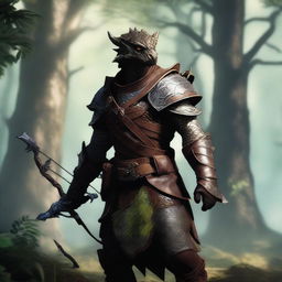 A Dragonborn ranger standing in a lush forest, wearing leather armor and holding a bow