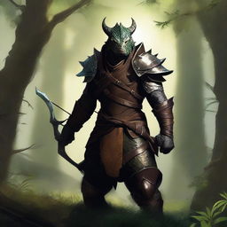 A Dragonborn ranger standing in a lush forest, wearing leather armor and holding a bow