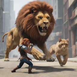 A video game inspired scene of a human-lion hybrid character courageously battling with a human-cat hybrid