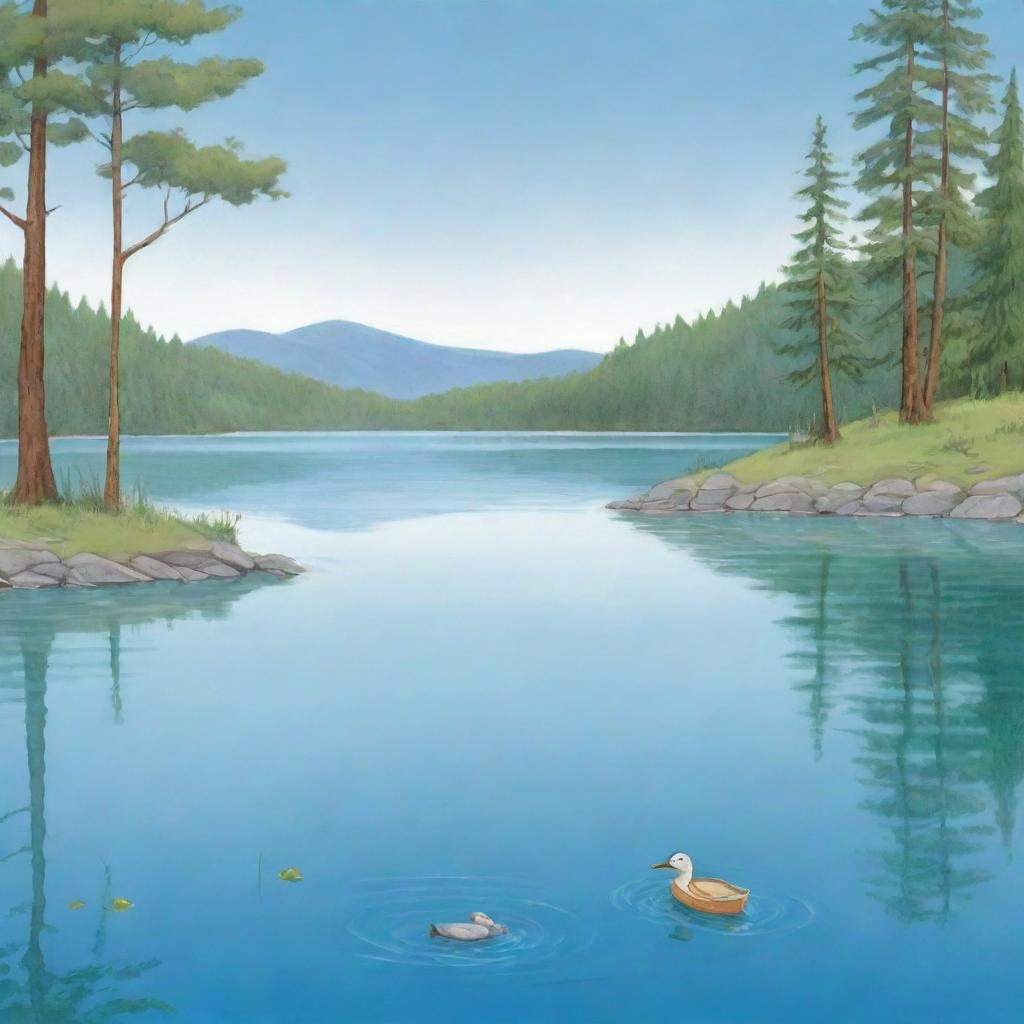 An uncomplicated cartoon illustration fit for a children's book featuring a calm, friendly lake under a bright, clear sky.