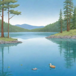 An uncomplicated cartoon illustration fit for a children's book featuring a calm, friendly lake under a bright, clear sky.