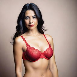 A woman wearing a red bra, standing confidently