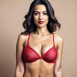 A woman wearing a red bra, standing confidently