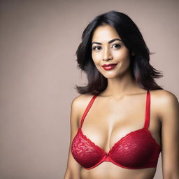 A woman wearing a red bra, standing confidently