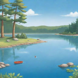 An uncomplicated cartoon illustration fit for a children's book featuring a calm, friendly lake under a bright, clear sky.