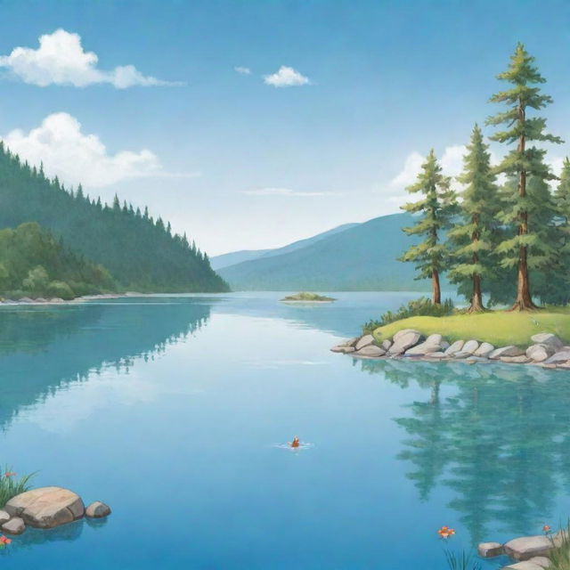 An uncomplicated cartoon illustration fit for a children's book featuring a calm, friendly lake under a bright, clear sky.