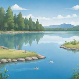 An uncomplicated cartoon illustration fit for a children's book featuring a calm, friendly lake under a bright, clear sky.