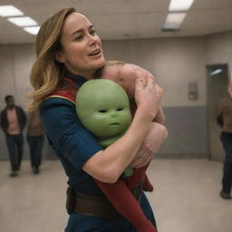 Brie Larson as Captain Marvel acting like a petulant baby throwing a tantrum while being carried by an astonishingly patient female alien, humorously treating her like a giant oversized baby.