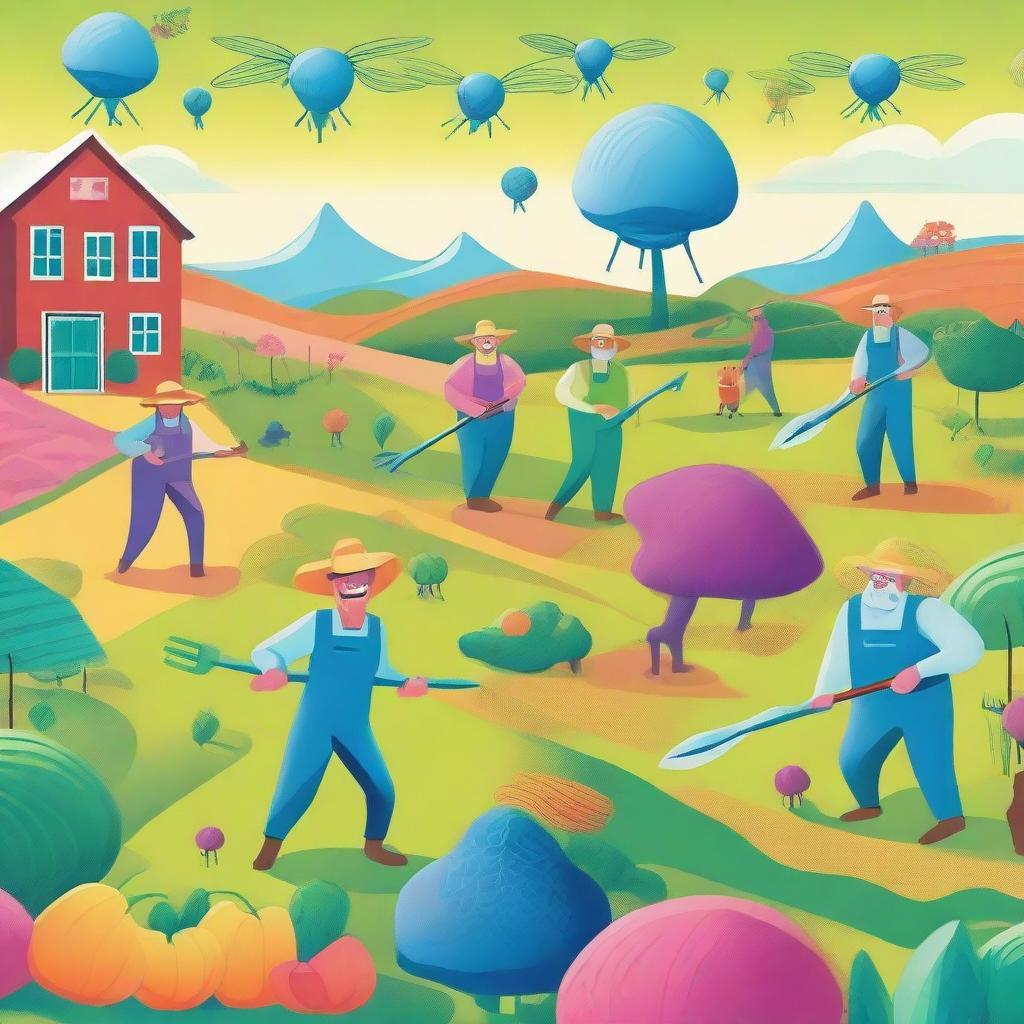 A vibrant and whimsical scene of farmers defending their farm from quirky and colorful aliens