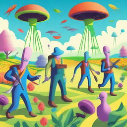 A vibrant and whimsical scene of farmers defending their farm from quirky and colorful aliens