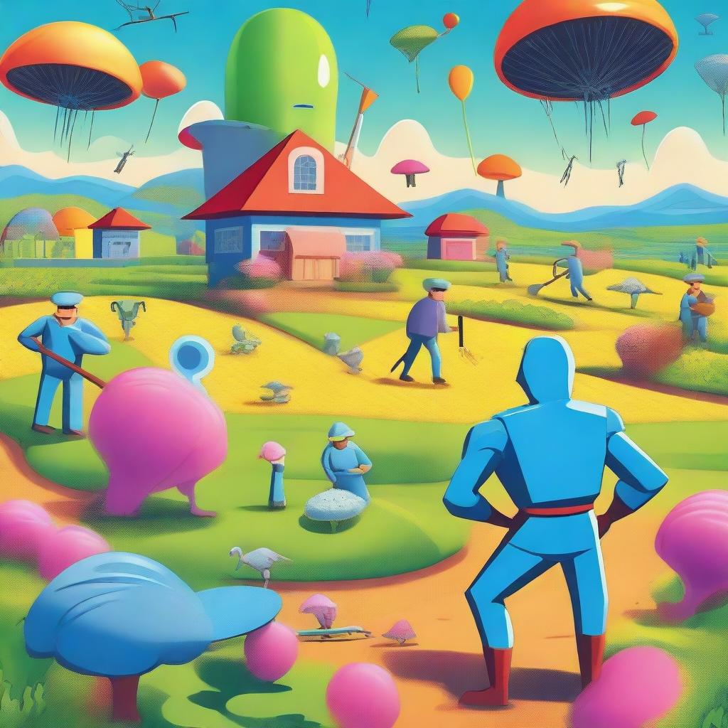 A vibrant and whimsical scene of farmers defending their farm from quirky and colorful aliens