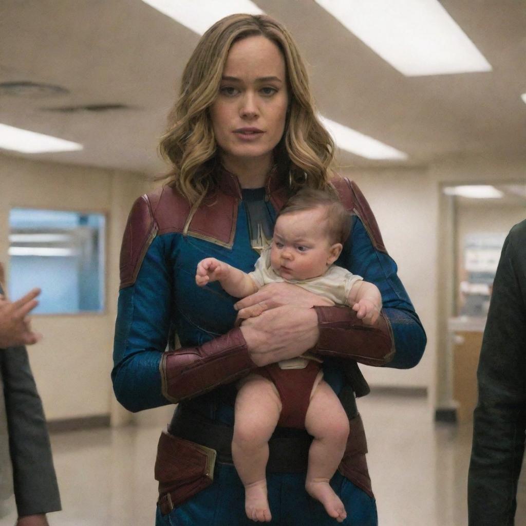 Brie Larson as Captain Marvel acting like a petulant baby throwing a tantrum while being carried by an astonishingly patient female alien, humorously treating her like a giant oversized baby.