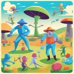 A vibrant and whimsical scene of farmers defending their farm from quirky and colorful aliens