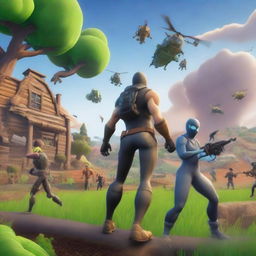 A dynamic scene featuring Fortnite characters in a battle between farmers and aliens