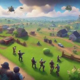 A dynamic scene featuring Fortnite characters in a battle between farmers and aliens