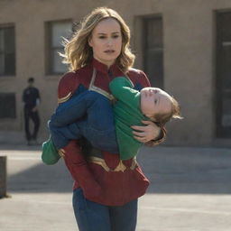 Brie Larson as Captain Marvel acting like a petulant baby throwing a tantrum while being carried by an astonishingly patient female alien, humorously treating her like a giant oversized baby.