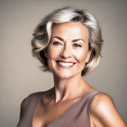 A middle-aged woman exuding elegance in a classy outfit, emphasizing her striking features including her natural beauty and distinctive style