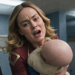 Brie Larson as Captain Marvel acting like a petulant baby throwing a tantrum while being carried by an astonishingly patient female alien, humorously treating her like a giant oversized baby.