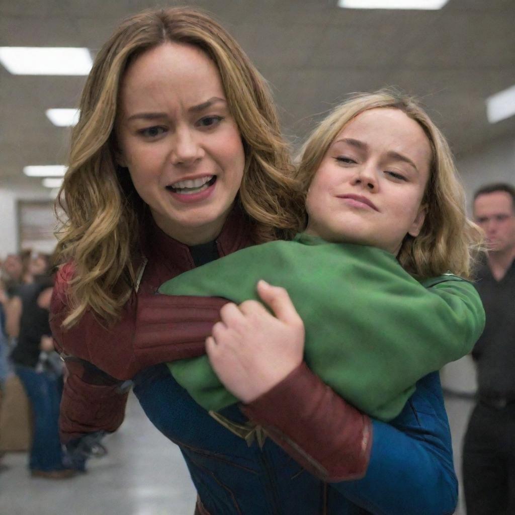 Brie Larson as Captain Marvel behaving like a baby in a fit of tantrum, being held like an oversized baby in the istrength-filled arms of a benevolent female alien.