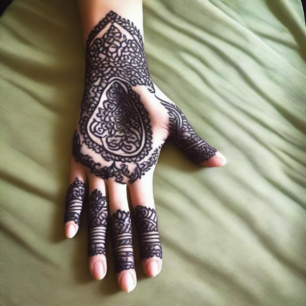 A detailed and intricate Mehndi design featuring traditional patterns and motifs