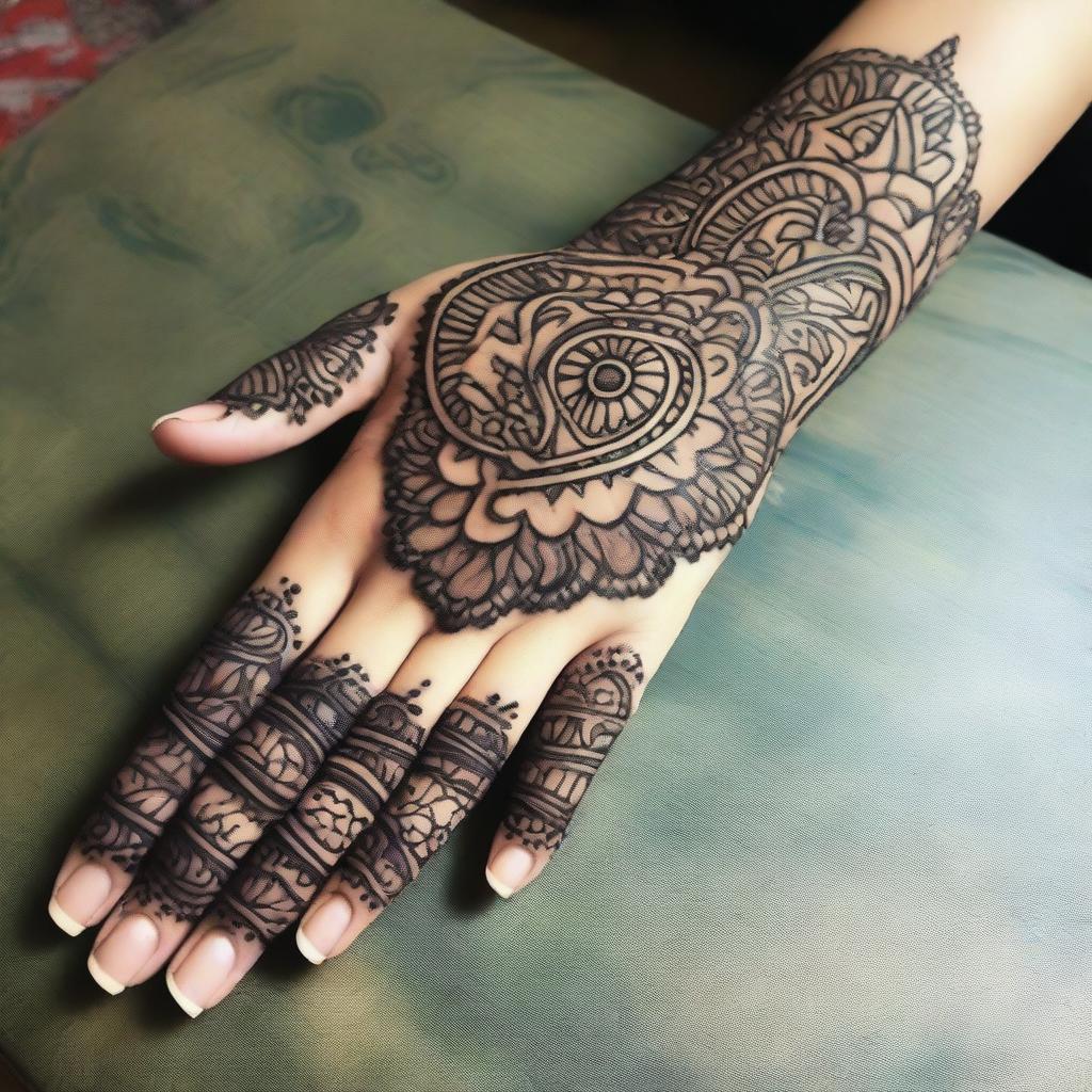 A detailed and intricate Mehndi design featuring traditional patterns and motifs