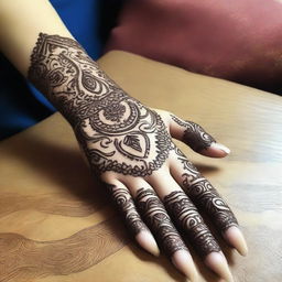 A detailed and intricate Mehndi design featuring traditional patterns and motifs