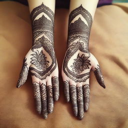 A detailed and intricate Mehndi design featuring traditional patterns and motifs