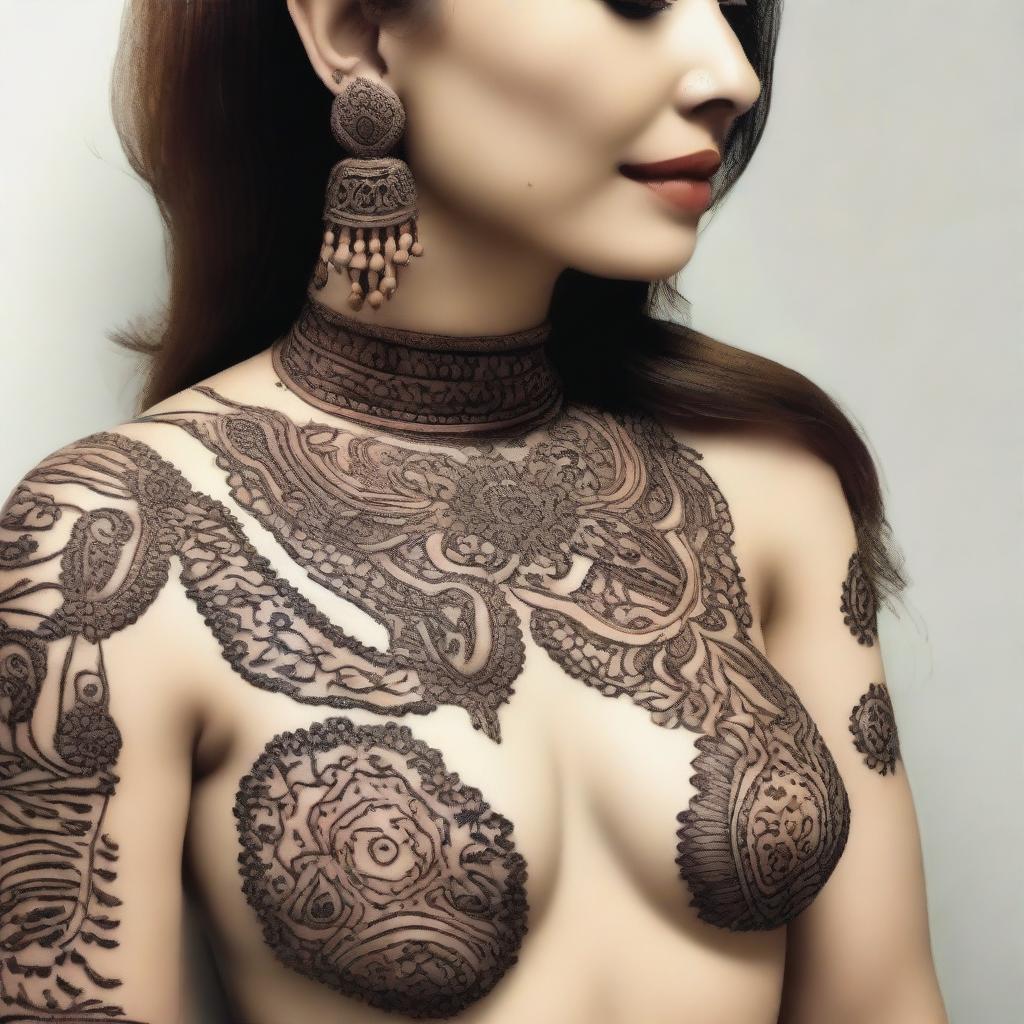 A Mehndi design featuring intricate and traditional patterns and motifs applied to the chest area