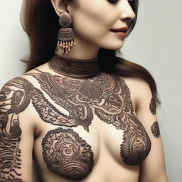 A Mehndi design featuring intricate and traditional patterns and motifs applied to the chest area