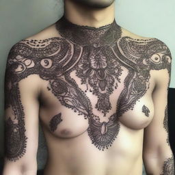 A Mehndi design featuring intricate and traditional patterns and motifs applied to the chest area