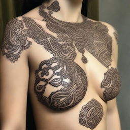 A Mehndi design featuring intricate and traditional patterns and motifs applied to the chest area