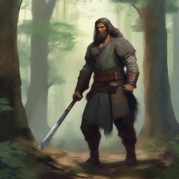 An ancient warrior living in the forest, cutting trees with his two-handed axe