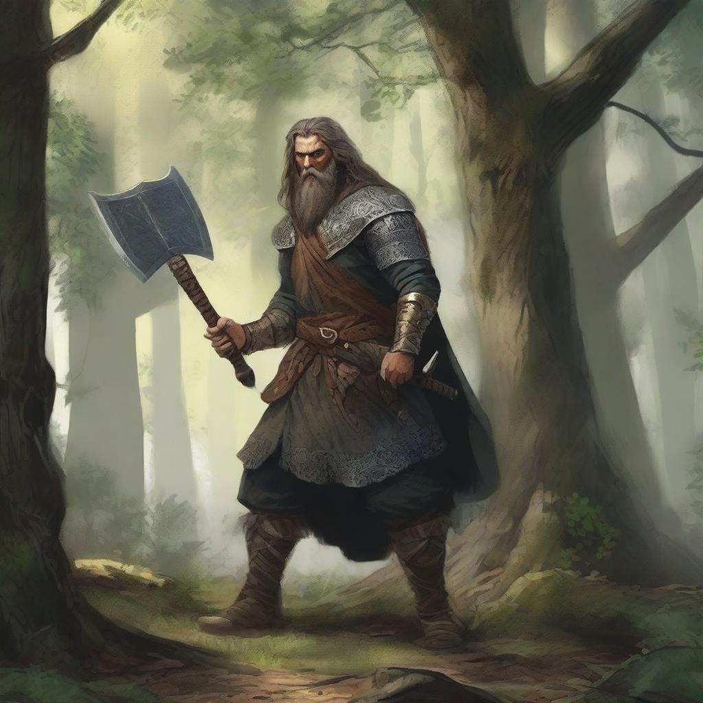 An ancient warrior living in the forest, cutting trees with his two-handed axe