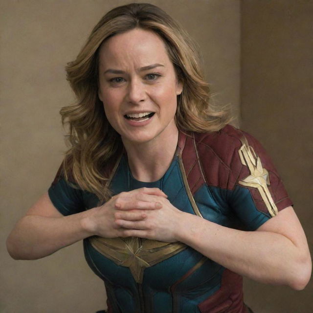 Brie Larson as Captain Marvel behaving like a baby in a fit of tantrum, being held like an oversized baby in the istrength-filled arms of a benevolent female alien.