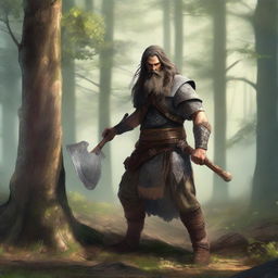 An ancient warrior living in the forest, cutting trees with his two-handed axe