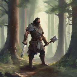 An ancient warrior living in the forest, cutting trees with his two-handed axe