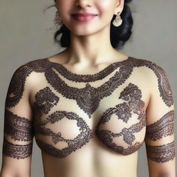 A beautiful Mehndi design featuring intricate and traditional patterns and motifs applied to the chest area